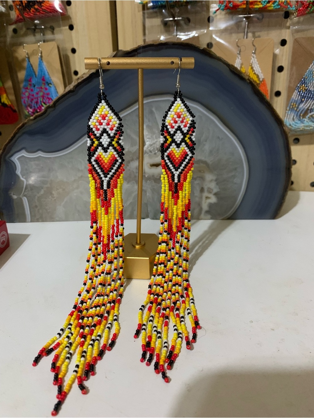 Long Beaded Fringe Earrings in Red, Yellow & Black - Women Jewelry